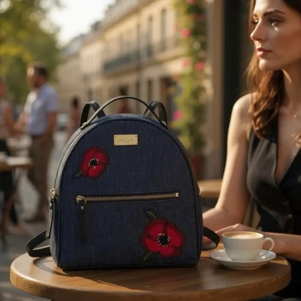 Kate Spade Grove Street Denim Poppy Embroidered Backpack New with Tag MSRP $299